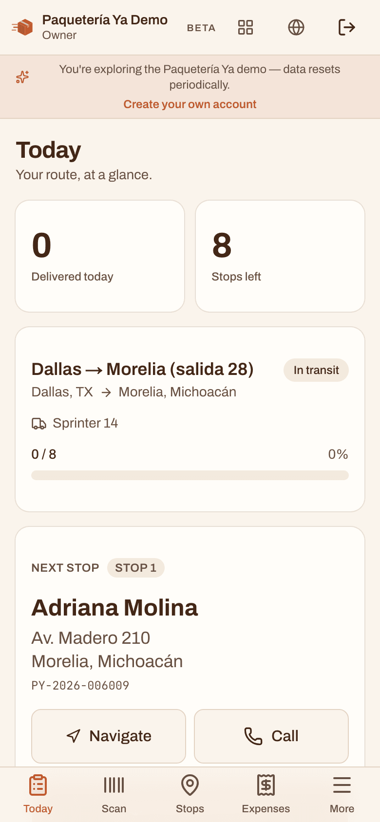 The driver phone view with a route in progress, stops left and a Navigate button for the next stop.
