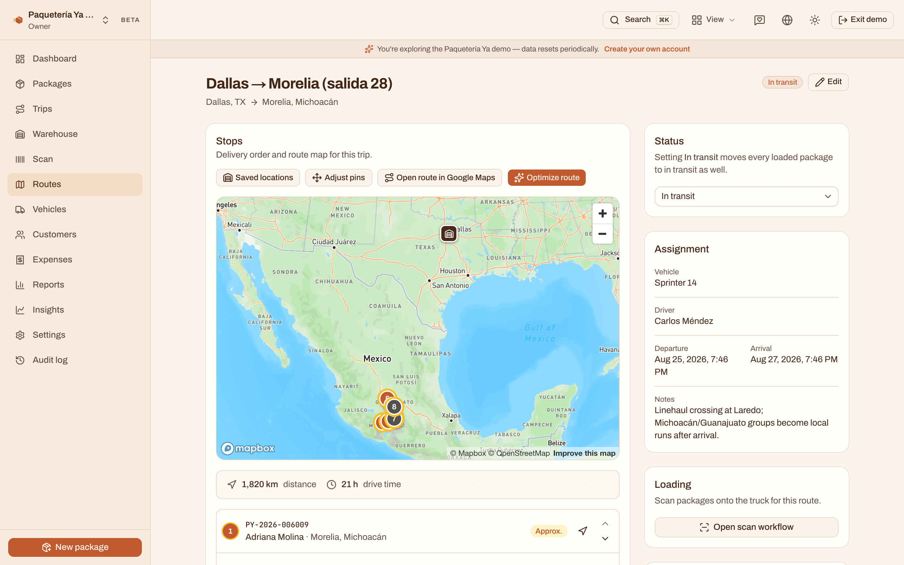 A route from Dallas to Morelia on a live map with grouped stops, distance and drive time, plus vehicle and driver assignment.