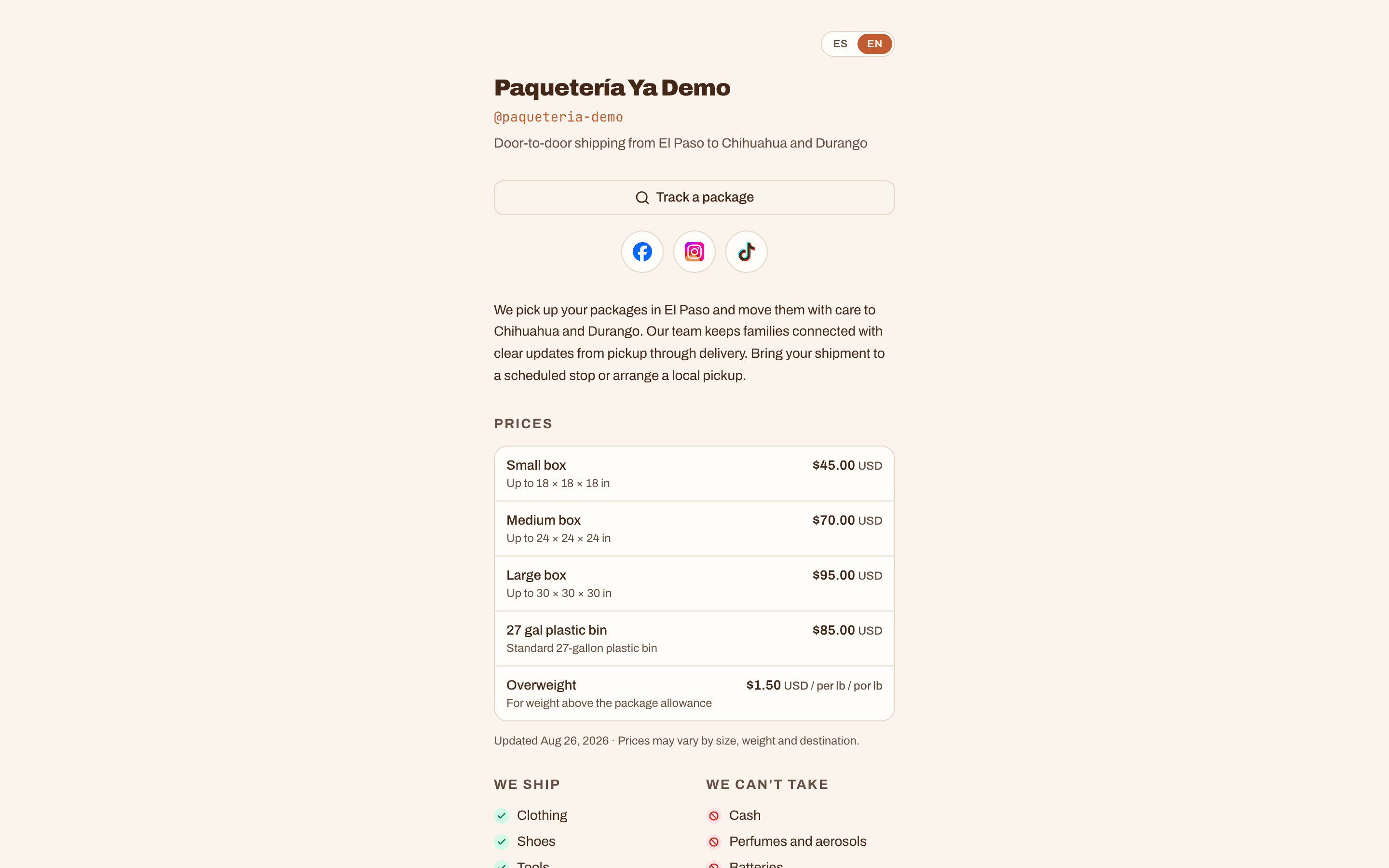 A public storefront page with the business name, a track-a-package search, social links and a price list.