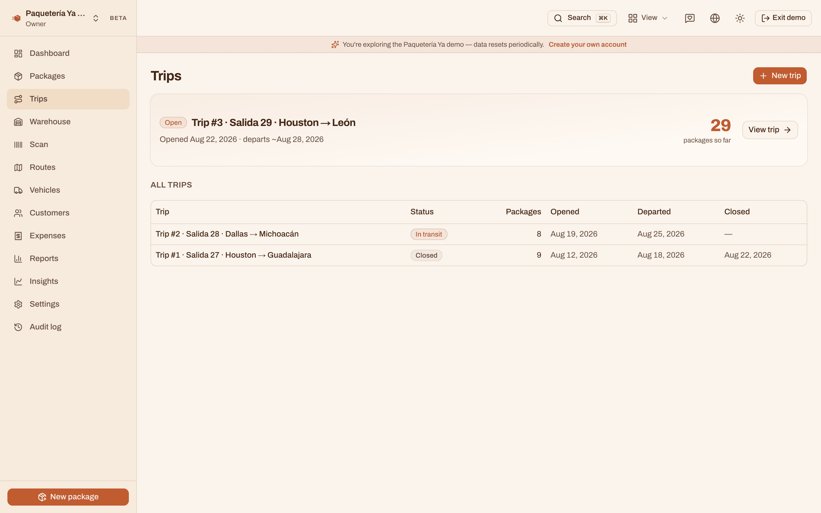The Trips screen showing an open trip receiving packages, one truck in transit and one closed trip.