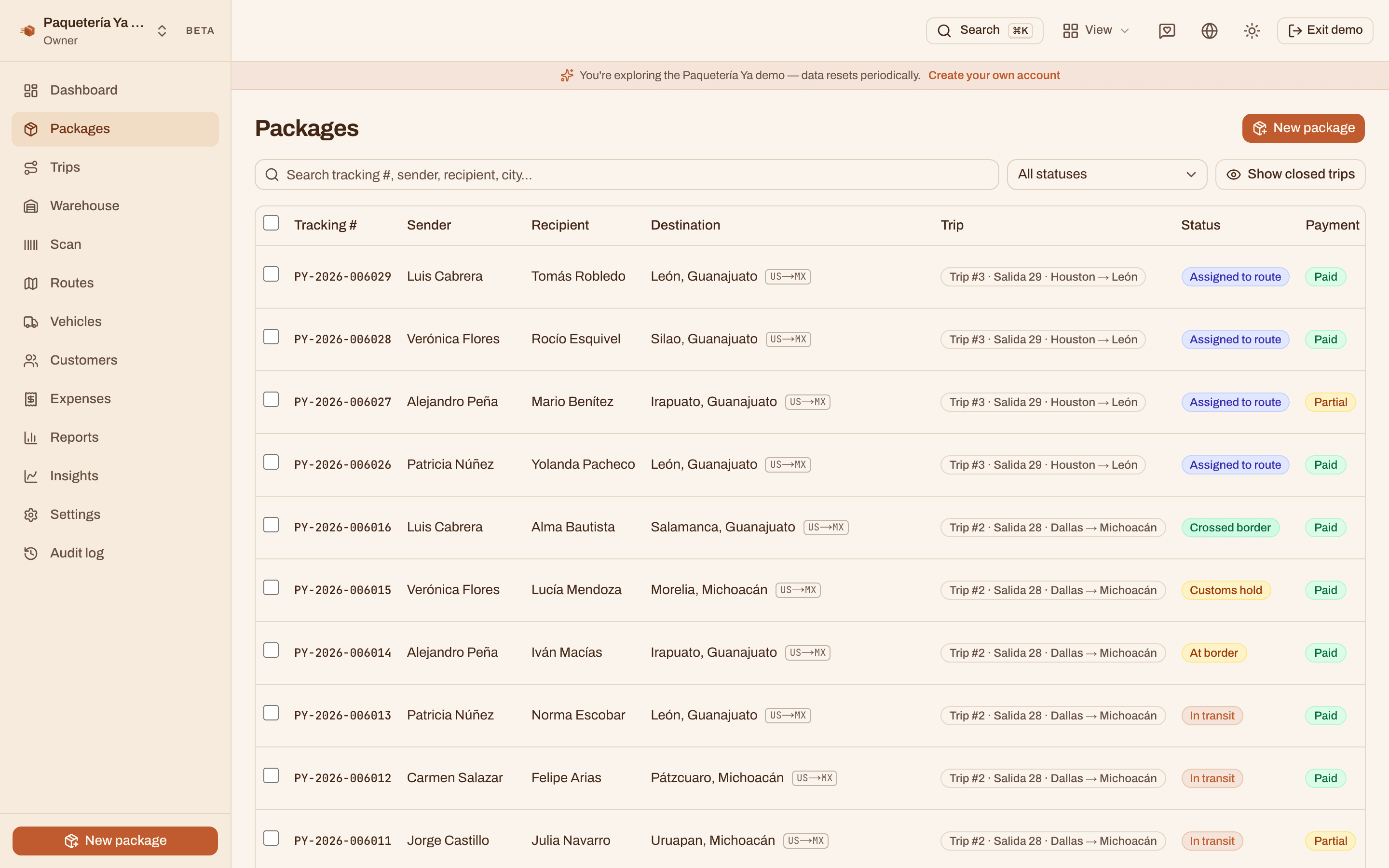 The Packages screen listing packages with tracking numbers, senders, recipients, destination cities, trips and payment status.