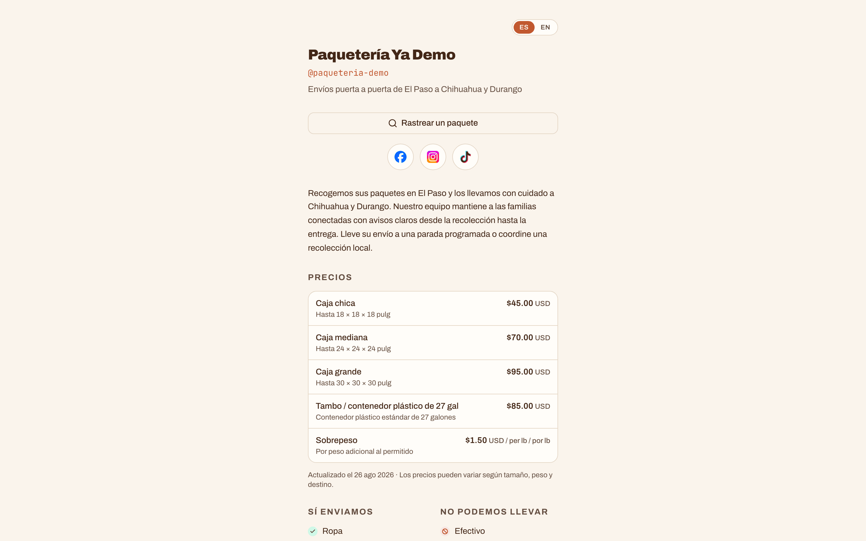 Una página pública de la paquetería con el nombre del negocio, buscador de rastreo, redes sociales y lista de precios.